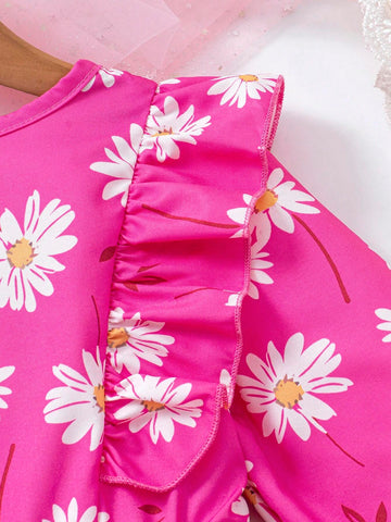 Young Girl' Casual Daisy Print Ruffle Hem Bow Tie Long Sleeve Dress, Spring/Autumn