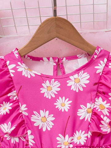 Young Girl' Casual Daisy Print Ruffle Hem Bow Tie Long Sleeve Dress, Spring/Autumn