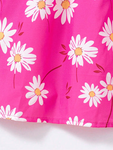 Young Girl' Casual Daisy Print Ruffle Hem Bow Tie Long Sleeve Dress, Spring/Autumn