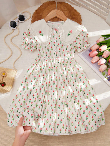 Young Girl Casual Ditsy Ditsy Floral Puff Sleeve Smock Dress