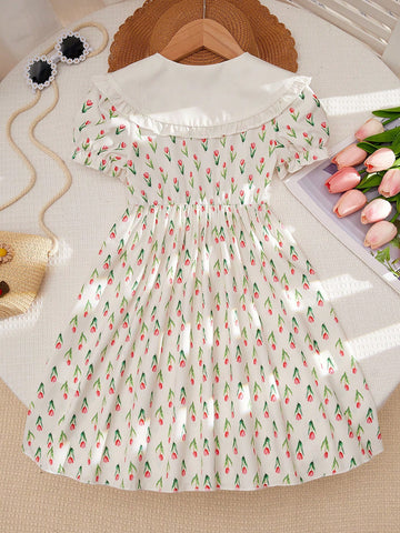Young Girl Casual Ditsy Ditsy Floral Puff Sleeve Smock Dress