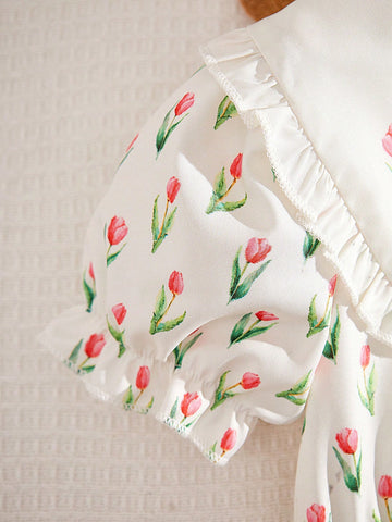 Young Girl Casual Ditsy Ditsy Floral Puff Sleeve Smock Dress