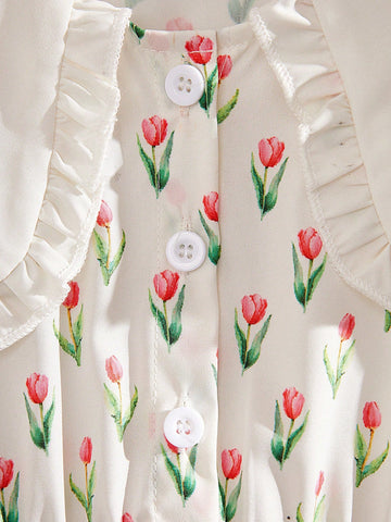 Young Girl Casual Ditsy Ditsy Floral Puff Sleeve Smock Dress