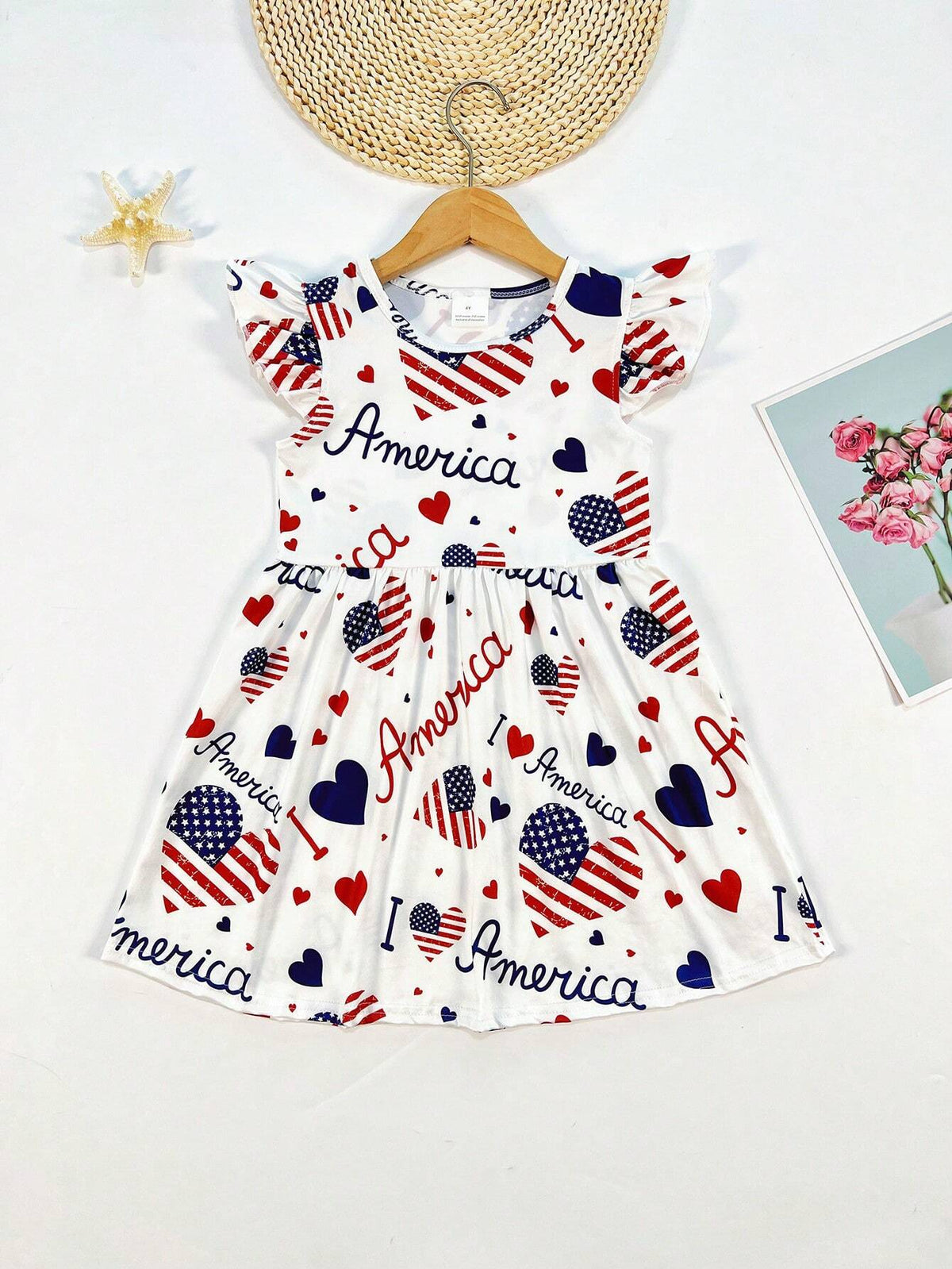 Young Girl Casual Dress With Flutter Sleeves And US Independence Day Five-Pointed Star Print, Suitable For Spring, Summer And Autumn On July 4th