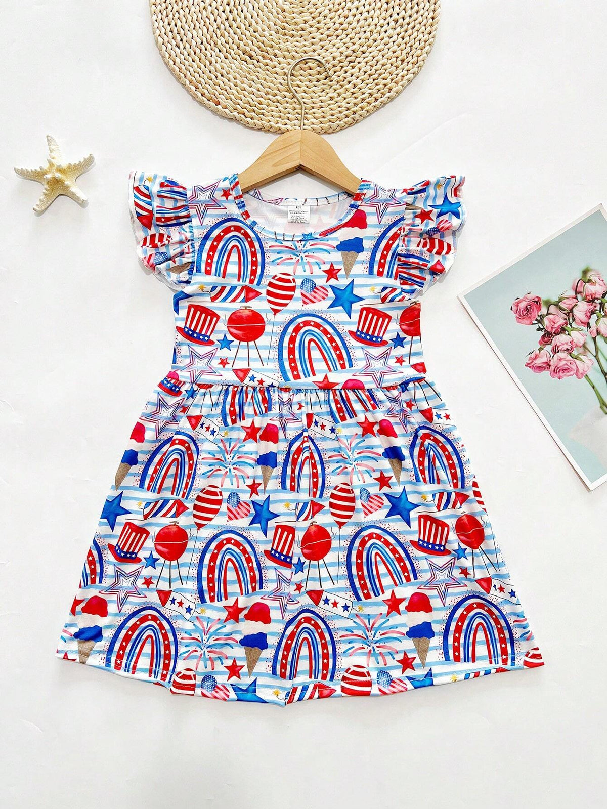Young Girl Casual Dress With July 4th American Independence Day Rainbow Star, Balloon & Ice Cream Print, Spring/Summer/Autumn