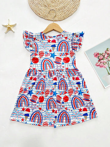 Young Girl Casual Dress With July 4th American Independence Day Rainbow Star, Balloon & Ice Cream Print, Spring/Summer/Autumn