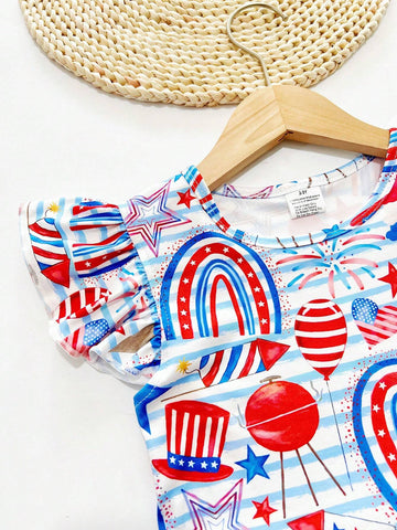 Young Girl Casual Dress With July 4th American Independence Day Rainbow Star, Balloon & Ice Cream Print, Spring/Summer/Autumn