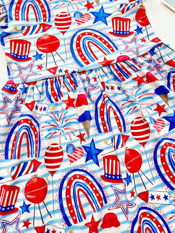 Young Girl Casual Dress With July 4th American Independence Day Rainbow Star, Balloon & Ice Cream Print, Spring/Summer/Autumn