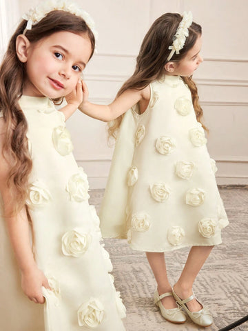Young Girl Casual Elegant 3D Floral Back Pleated Oversized Bow Decor Stand Collar Sleeveless Knee Length Dress