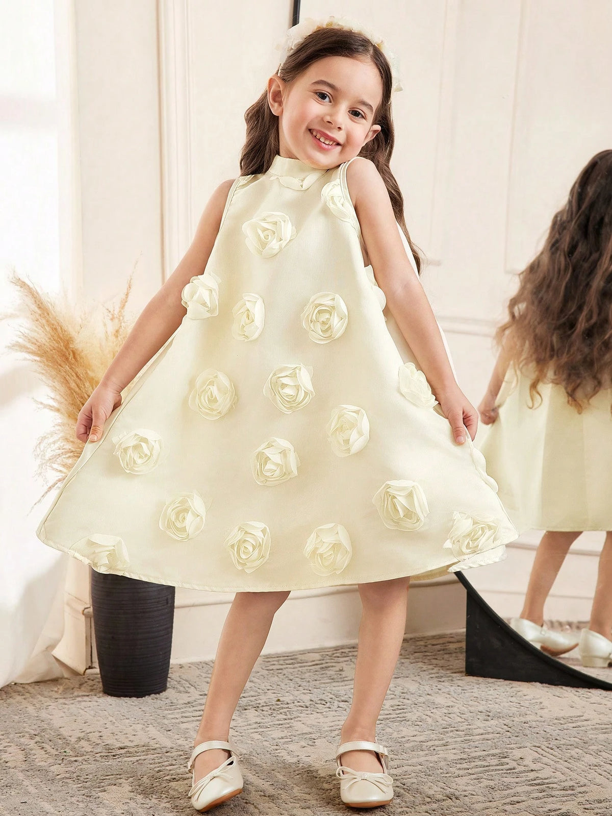 Young Girl Casual Elegant 3D Floral Back Pleated Oversized Bow Decor Stand Collar Sleeveless Knee Length Dress