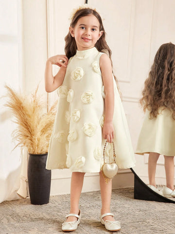 Young Girl Casual Elegant 3D Floral Back Pleated Oversized Bow Decor Stand Collar Sleeveless Knee Length Dress