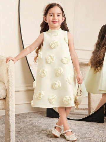 Young Girl Casual Elegant 3D Floral Back Pleated Oversized Bow Decor Stand Collar Sleeveless Knee Length Dress
