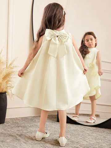 Young Girl Casual Elegant 3D Floral Back Pleated Oversized Bow Decor Stand Collar Sleeveless Knee Length Dress