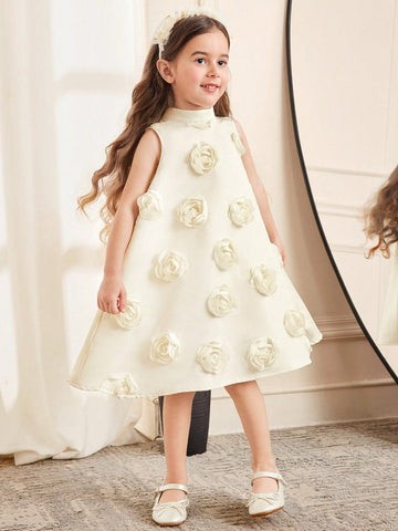 Young Girl Casual Elegant 3D Floral Back Pleated Oversized Bow Decor Stand Collar Sleeveless Knee Length Dress