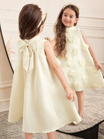 Young Girl Casual Elegant 3D Floral Back Pleated Oversized Bow Decor Stand Collar Sleeveless Knee Length Dress