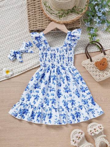 Young Girl Casual Elegant And Sweet Printed Sleeveless A-Line Dress With Bowknot And Decorative Headband, Suitable For Spring And Summer Travel And Outdoor Activities