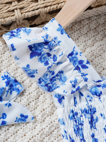 Young Girl Casual Elegant And Sweet Printed Sleeveless A-Line Dress With Bowknot And Decorative Headband, Suitable For Spring And Summer Travel And Outdoor Activities