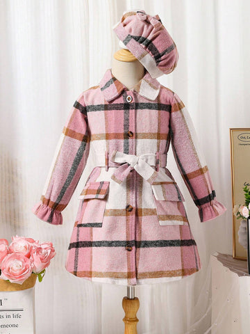 Young Girl Casual Elegant Checkered Dress With Matching Beret Hat, Warm And Soft Fabric Design For Autumn Winter