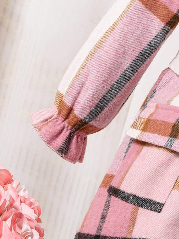 Young Girl Casual Elegant Checkered Dress With Matching Beret Hat, Warm And Soft Fabric Design For Autumn Winter