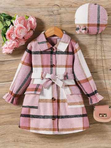 Young Girl Casual Elegant Checkered Dress With Matching Beret Hat, Warm And Soft Fabric Design For Autumn Winter