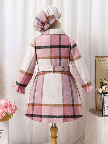 Young Girl Casual Elegant Checkered Dress With Matching Beret Hat, Warm And Soft Fabric Design For Autumn Winter
