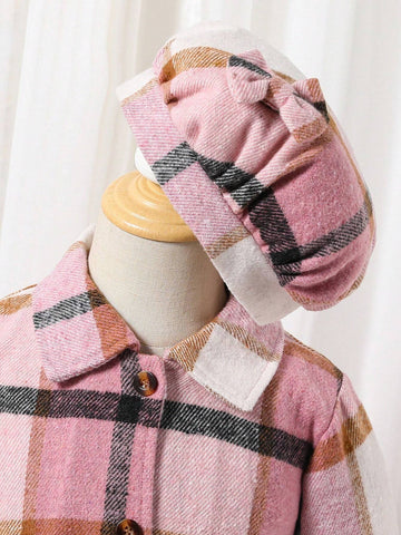 Young Girl Casual Elegant Checkered Dress With Matching Beret Hat, Warm And Soft Fabric Design For Autumn Winter