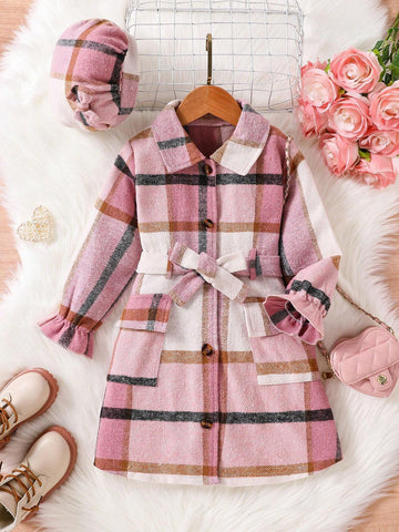 Young Girl Casual Elegant Checkered Dress With Matching Beret Hat, Warm And Soft Fabric Design For Autumn Winter