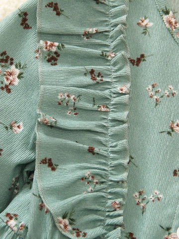 Young Girl' Casual Elegant Floral Ruffle Trim Round Neck Long Sleeve Knee-Length Dress, Spring & Autumn