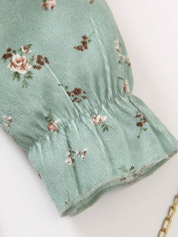 Young Girl' Casual Elegant Floral Ruffle Trim Round Neck Long Sleeve Knee-Length Dress, Spring & Autumn