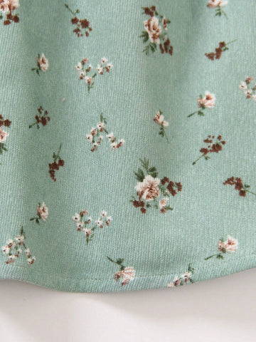 Young Girl' Casual Elegant Floral Ruffle Trim Round Neck Long Sleeve Knee-Length Dress, Spring & Autumn