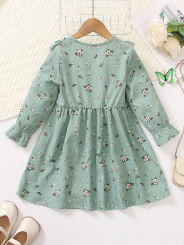 Young Girl' Casual Elegant Floral Ruffle Trim Round Neck Long Sleeve Knee-Length Dress, Spring & Autumn
