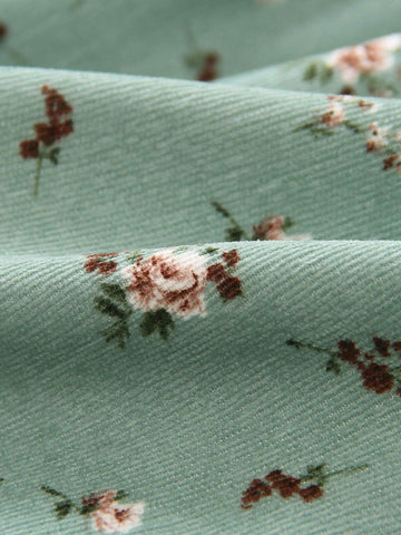 Young Girl' Casual Elegant Floral Ruffle Trim Round Neck Long Sleeve Knee-Length Dress, Spring & Autumn