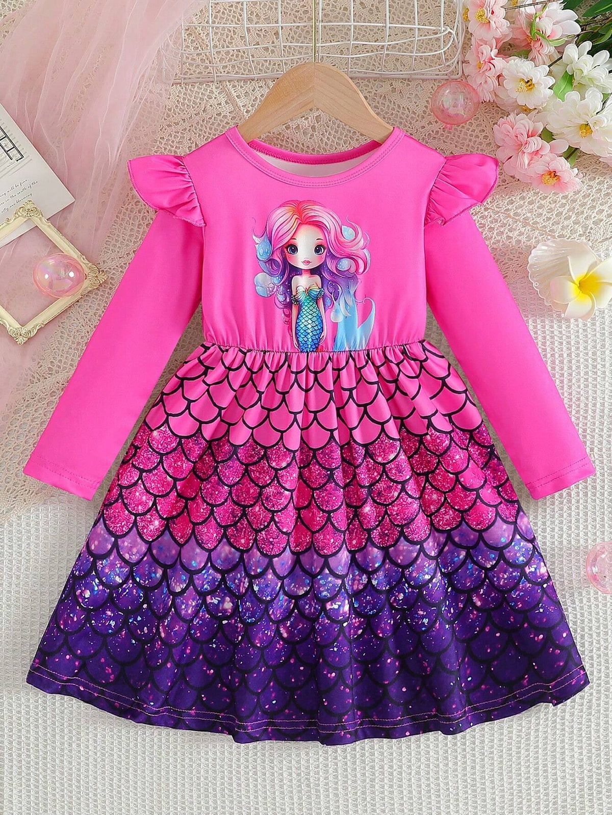 Young Girl' Casual Elegant Round Neck Drop Shoulder Long Sleeve Waisted A-Line Mermaid Scale Print Dress, Spring & Autumn