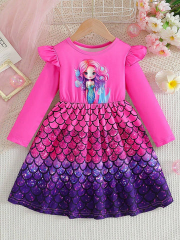 Young Girl' Casual Elegant Round Neck Drop Shoulder Long Sleeve Waisted A-Line Mermaid Scale Print Dress, Spring & Autumn