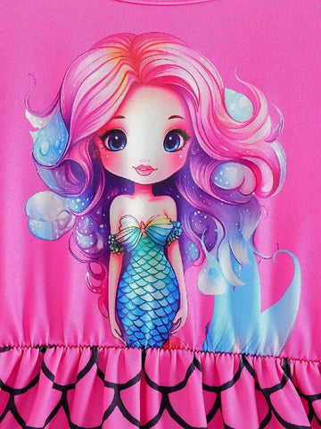 Young Girl' Casual Elegant Round Neck Drop Shoulder Long Sleeve Waisted A-Line Mermaid Scale Print Dress, Spring & Autumn