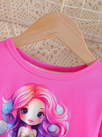 Young Girl' Casual Elegant Round Neck Drop Shoulder Long Sleeve Waisted A-Line Mermaid Scale Print Dress, Spring & Autumn