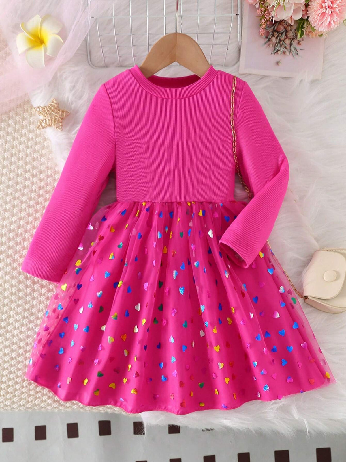 Young Girl' Casual Fashionable Elegant Round Neck Raglan Sleeve Waist Tied A-Line Colorful Polka Dot Mesh Dress, Spring/Autumn