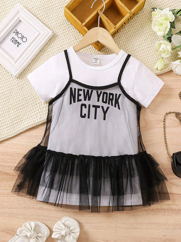 Young Girl Casual Fashionable Letter Print Short Sleeve Dress And Mesh Ruffle Trim Decorated Spaghetti Strap Dress