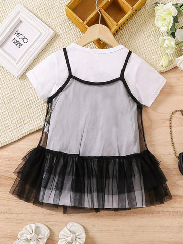Young Girl Casual Fashionable Letter Print Short Sleeve Dress And Mesh Ruffle Trim Decorated Spaghetti Strap Dress