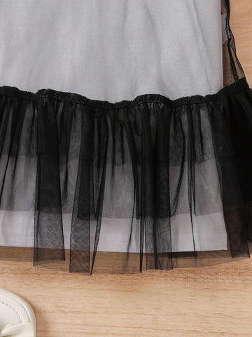 Young Girl Casual Fashionable Letter Print Short Sleeve Dress And Mesh Ruffle Trim Decorated Spaghetti Strap Dress