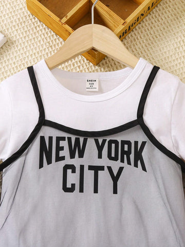 Young Girl Casual Fashionable Letter Print Short Sleeve Dress And Mesh Ruffle Trim Decorated Spaghetti Strap Dress