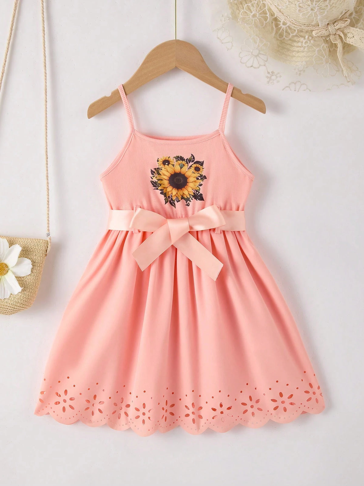 Young Girl' Casual Fashionable Sunflower Print Bow Tie Belt Camisole Hollow Hem Dress, Versatile Fit For Spring/Summer