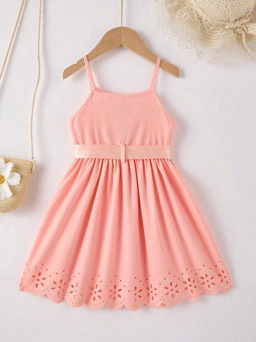 Young Girl' Casual Fashionable Sunflower Print Bow Tie Belt Camisole Hollow Hem Dress, Versatile Fit For Spring/Summer
