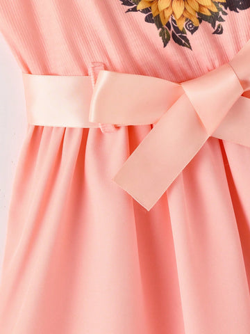 Young Girl' Casual Fashionable Sunflower Print Bow Tie Belt Camisole Hollow Hem Dress, Versatile Fit For Spring/Summer