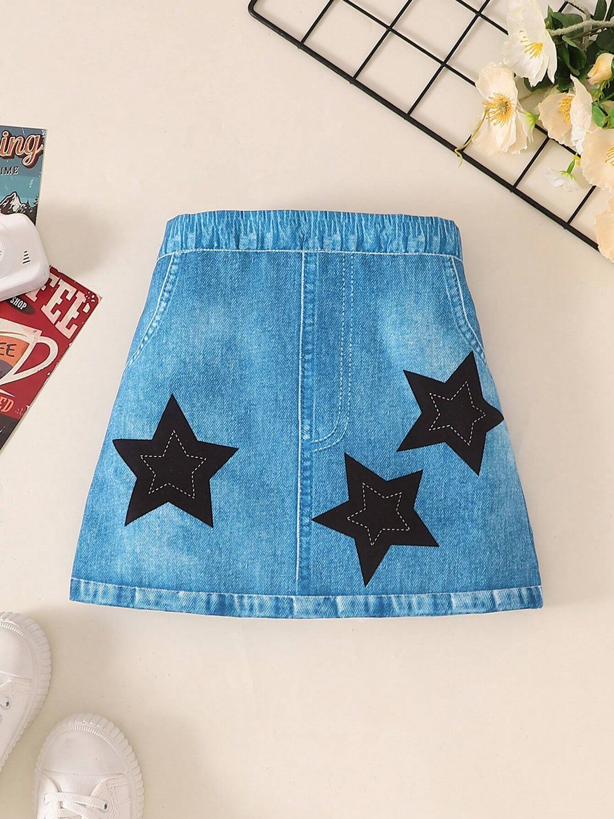 Young Girl Casual Faux Denim Digital Print Star Pattern Skirt