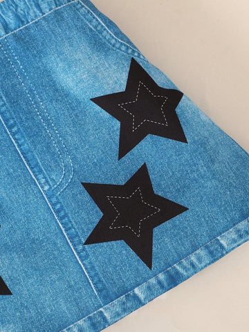 Young Girl Casual Faux Denim Digital Print Star Pattern Skirt