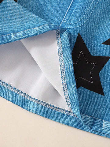 Young Girl Casual Faux Denim Digital Print Star Pattern Skirt
