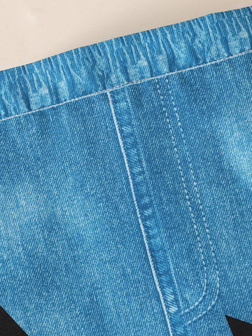 Young Girl Casual Faux Denim Digital Print Star Pattern Skirt