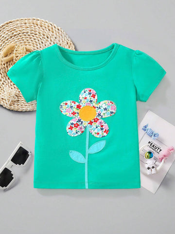 Young Girl Casual Floral Patched Short Sleeve T-Shirt, Breathable And Fashionable For Summer