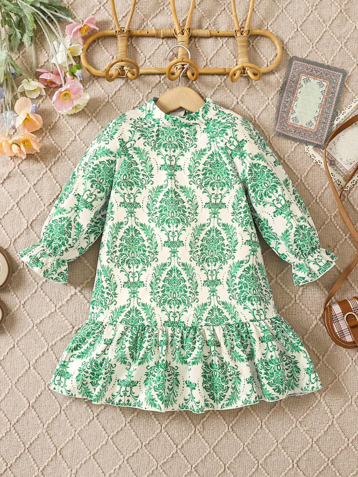 Young Girl' Casual Floral Print Long Sleeve Ruffle Hem Dress, Suitable For Spring/Autumn